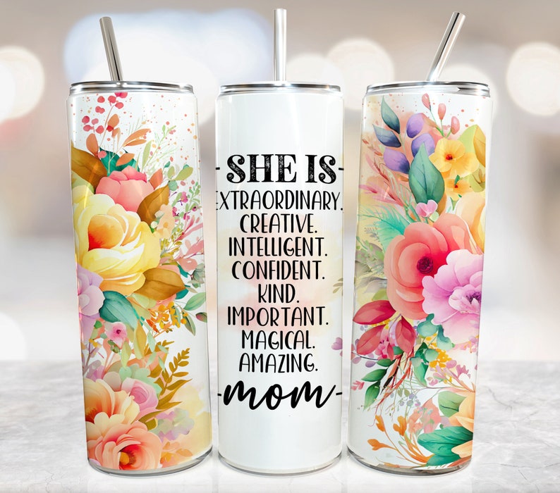 Mother's Day Tumbler Design, Floral Mom Wrap For Sublimation, Mom Quote Tumbler For Mothers Day, Mom Sublimation Designs png, Skinny 20 0z image 1