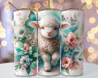 Pastel Lamb Tumbler Wrap, 20 oz Skinny Sublimation Tumbler Design, Floral Sheep Sublimation Design, Watercolor Floral Tumbler Png Downloads