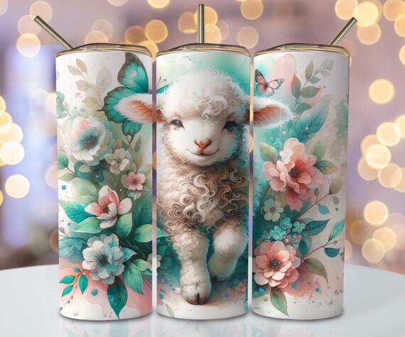 Pastel Lamb Tumbler Wrap, 20 oz Skinny Sublimation Tumbler Design, Floral Sheep Sublimation Design, Watercolor Floral Tumbler Png Downloads