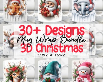 Lot de tasses de Noël 3D, mug 11 oz et emballage de tasse de 15 oz, lot de sublimation de tasse, lot de emballage de tasse de Noël Png, lot de tasses d'hiver Design PNG
