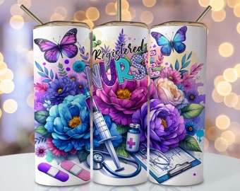 Registered Nurse Tumbler Wrap, 20oz Skinny Sublimation Tumbler Design, RN Nurse Sublimation Design, Purple Nurse Tumbler Sublimation Png