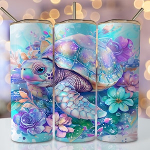 May include: A colourful tumbler featuring a design of a sea turtle with iridescent scales surrounded by flowers. The turtle is swimming in a blue and green ocean with bubbles.