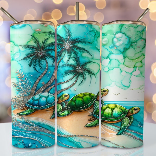 Beach Turtle Tumbler Wrap, 20oz Skinny Sublimation Tumbler Design, Turtles Sublimation Design, Watercolor Palm tree Tumbler PNG Downloads