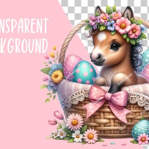 May include: A brown and white miniature horse wearing a flower crown sits in a wicker basket filled with colorful Easter eggs. The basket is lined with a pink and white gingham fabric and has a white lace trim.
