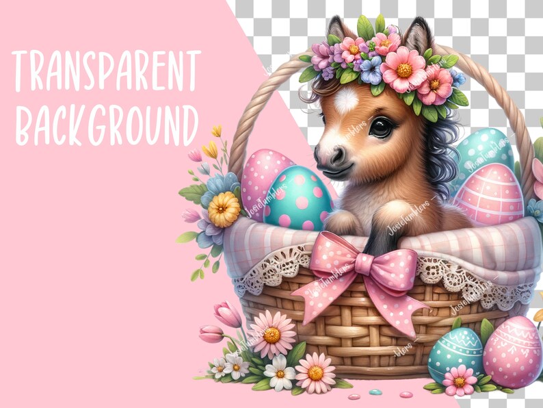 May include: A brown and white miniature horse wearing a flower crown sits in a wicker basket filled with colorful Easter eggs. The basket is lined with a pink and white gingham fabric and has a white lace trim.
