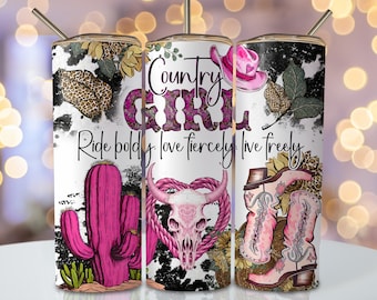 Country Girl Tumbler Wrap, 20 oz Skinny Sublimation Tumbler Design, Country Sublimation Design Png, Pink Western Tumbler Png Download