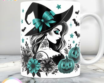 Halloween-Hexe-Becher-Verpackung, Halloween-Becher-Geschenk-Png, 11-Unzen-Becher-Verpackung und 15-Unzen-Becher-Verpackung, Halloween-Kaffeetasse-Design, Hexen-Becher-Presse-Design
