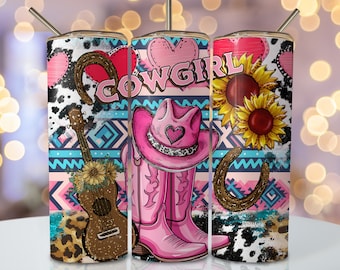 Involucro per bicchiere da cowgirl rosa, design per bicchiere a sublimazione magro da 20 once, design a sublimazione country Png, download Png per bicchiere occidentale rosa