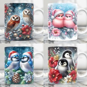 May include: Set of four ceramic mugs with winter holiday themes. Each mug features a different animal: owls, penguins, and blue jays. The mugs have a white background with colorful illustrations and a white handle.