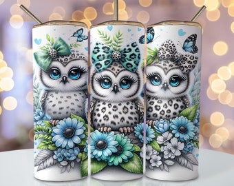 Blue Owl Tumbler Wrap, 20 oz Skinny Sublimation Tumbler Design, Seamless Watercolor Floral Sublimation Design, Owl Wrap Tumbler Png Download