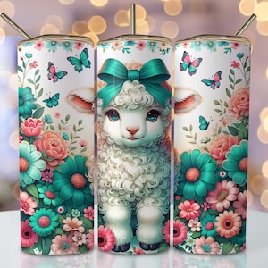 パステル ラム タンブラー ラップ、20 オンス スキニー昇華タンブラー デザイン、花柄羊昇華デザイン、水彩動物タンブラー PNG ダウンロード
