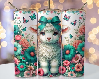 Pastel Lamb Tumbler Wrap, 20 oz Skinny Sublimation Tumbler Design, Floral Sheep Sublimation Design, Watercolor Animal Tumbler Png Downloads