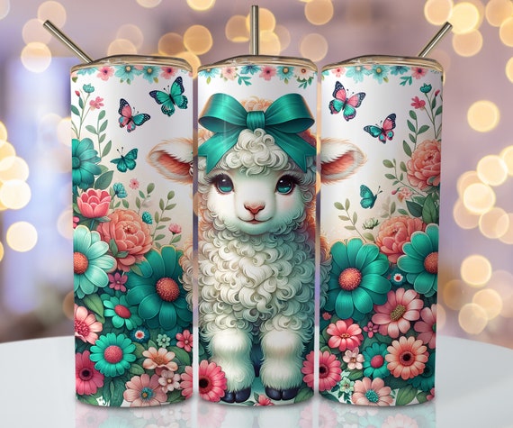 Pastel Lamb Tumbler Wrap, 20 oz Skinny Sublimation Tumbler Design, Floral Sheep Sublimation Design, Watercolor Animal Tumbler Png Downloads