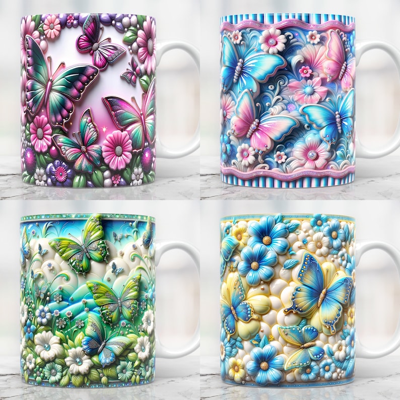 May include: Four ceramic coffee mugs with different butterfly and floral designs. Each mug features a unique color scheme and intricate details.