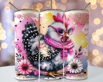 Gobelet roulé au poulet pastel 20 oz, design de gobelet à sublimation maigre, design de sublimation de poulet, gobelet rose aquarelle téléchargements png