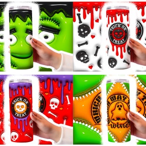 May include: Four different designs for a stainless steel tumbler. The designs feature a green monster, a skull and crossbones, a purple and red dripping design with skulls and bones, and a ghost with the text "Which way to the wine".