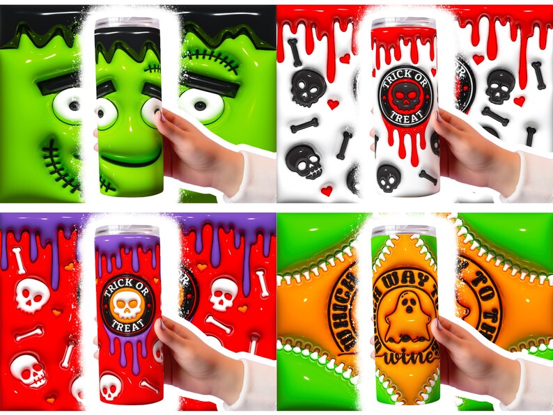 May include: Four different designs for a stainless steel tumbler. The designs feature a green monster, a skull and crossbones, a purple and red dripping design with skulls and bones, and a ghost with the text "Which way to the wine".