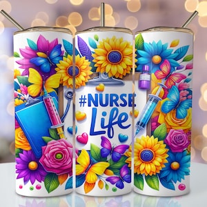 Nurse Life Tumbler Wrap, 20oz Skinny Sublimation Tumbler Design, Nurse Sublimation Design, Watercolor Floral Nursing Tumbler Png Downloads