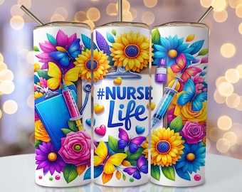 Nurse Life Tumbler Wrap, 20oz Skinny Sublimation Tumbler Design, Nurse Sublimation Design, Watercolor Floral Nursing Tumbler Png Downloads