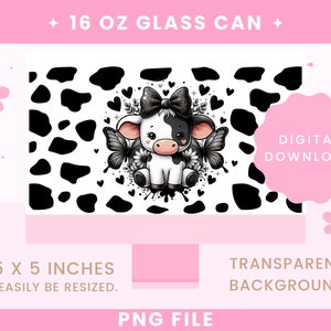 May include: A digital download of a cute cartoon cow with black and white spots, wearing a black bow and surrounded by flowers and butterflies. The background is a black and white cow print pattern. The image is 9.75 inches by 5 inches and can be easily resized. The image is a PNG file with a transparent background.