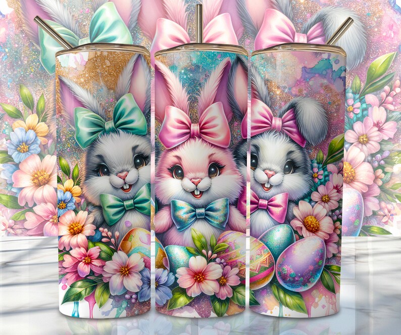 May include: Three stainless steel tumblers with a pink, white, and blue bunny rabbit design. The bunnies are wearing bows and holding Easter eggs. The background is a glittery pink and white with flowers.