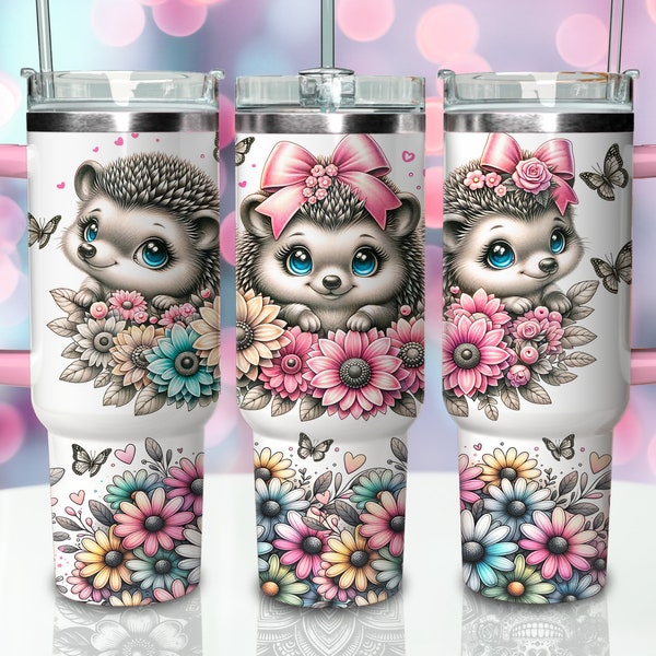 40oz Flower Hedgehog Tumbler Wrap, 40oz Sublimation Design Download, 40oz Floral Wrap Png, 40 Oz Quencher Tumbler Sublimation Design Png