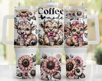 May include: Three white stainless steel tumblers with a pink and brown cow design and sunflowers. The tumblers have lids and handles. The text on the tumblers reads "Coffee Mode" and "All Day Every Day".
