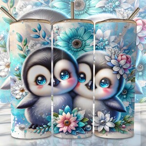 Cute Penguin Tumbler Wrap, 20oz Skinny Sublimation Tumbler Design, Penguin Sublimation Design Png, Floral Bird Tumbler Png Downloads
