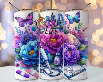 CNA Nurse Tumbler Wrap, 20oz Skinny Sublimation Tumbler Design, CNA Nurse Sublimation Design, Floral Nurse CNA Tumbler Sublimation Download