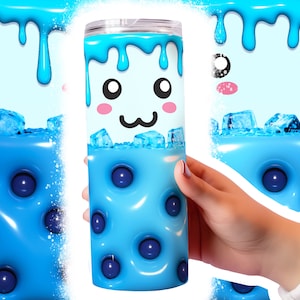 Inflated Blue Boba Tea Tumbler Wrap Png 3D Tumbler Design Png 20oz