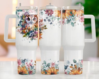 40oz Tumbler Wrap Png, Owl Tumbler Design 40oz Quencher, Watercolor Designs 40oz Tumbler With Handle, Tumbler Design Sublimation Art Png