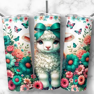 Pastellfärgad lammglass, 20 oz smal sublimeringsglasdesign, sublimeringsdesign med blommigt får, akvarell djurglas png-nedladdningar bild 6