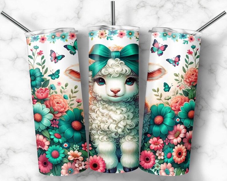 Pastellfärgad lammglass, 20 oz smal sublimeringsglasdesign, sublimeringsdesign med blommigt får, akvarell djurglas png-nedladdningar bild 6