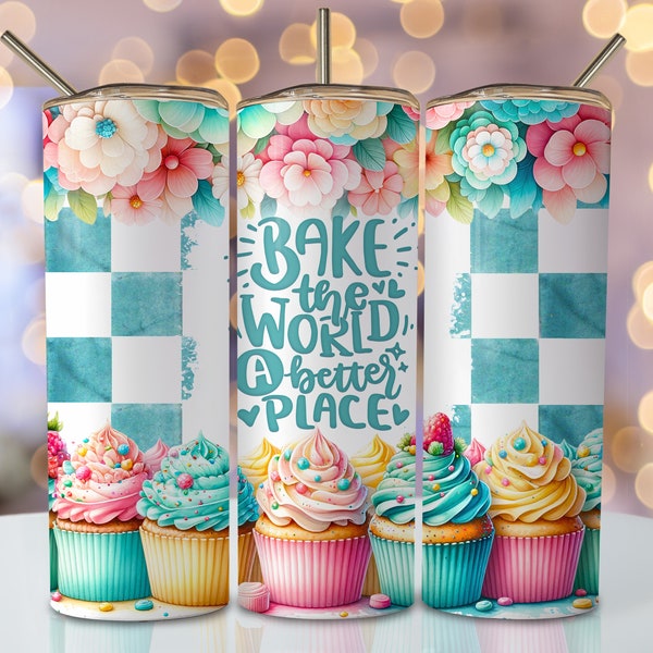Baking Tumbler Wrap, 20oz Skinny Sublimation Tumbler Design, Baker Sublimation Design, Bake The World Plaid Cupcake Tumbler Png Downloads