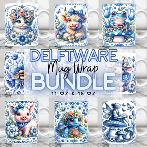 May include: A set of 10 blue and white ceramic mugs with various animal and nature designs. The mugs are decorated with a Delftware style pattern and feature a cat, cow, frog, bee, sheep, pig, turtle, and fairy. The mugs are available in 11 oz and 15 oz sizes. DELFTWARE Mug Wrap BUNDLE 11 oz & 15 oz