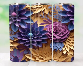 Seamless 3D Tumbler Wrap Purple Gold Floral Tumbler Wrap In 3D Sublimation Designs PNG Digital Downloads 20 oz Skinny Tumbler Png Download