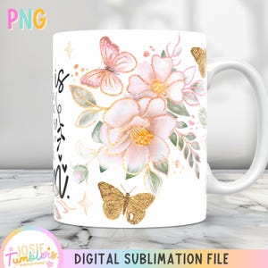 May include: White ceramic mug with a floral design featuring pink and gold butterflies. The text "This is what a Mom looks like" is printed on the mug.