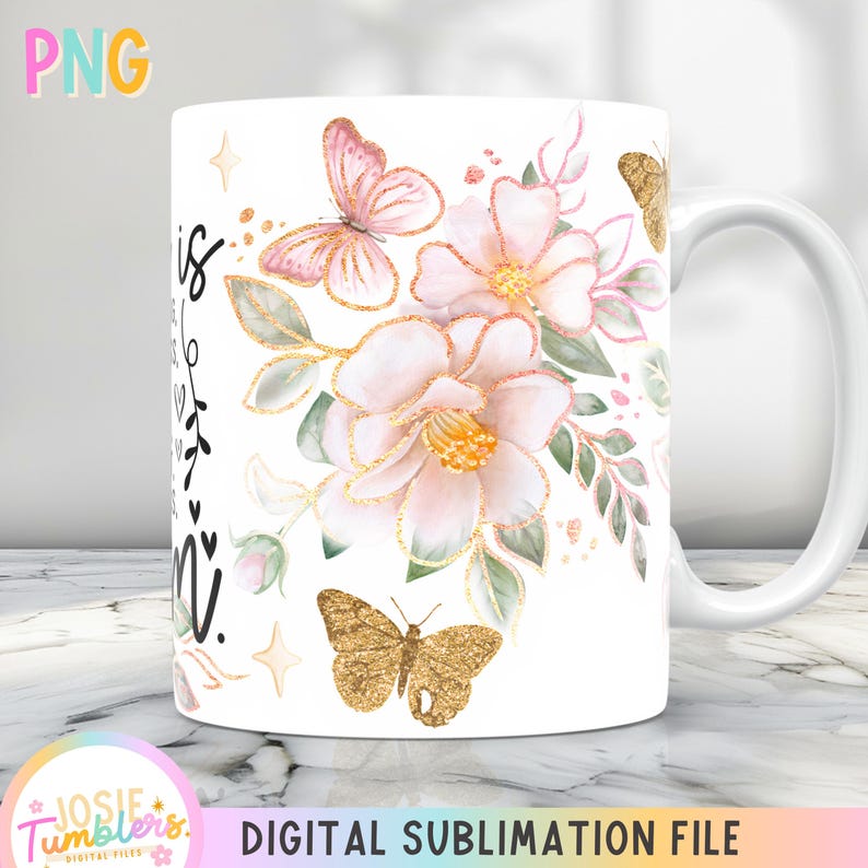 May include: White ceramic mug with a floral design featuring pink and gold butterflies. The text "This is what a Mom looks like" is printed on the mug.