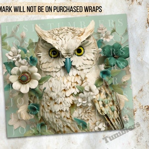 May include: A white owl with yellow eyes surrounded by white and teal flowers on a light teal background.
