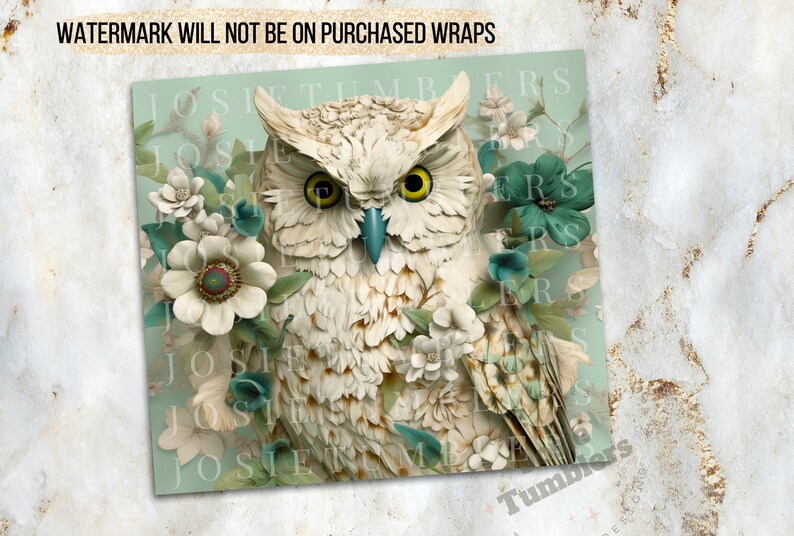 May include: A white owl with yellow eyes surrounded by white and teal flowers on a light teal background.