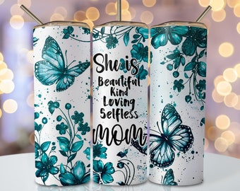 Teal Mom Tumbler Wrap, 20 oz Skinny Sublimation Tumbler Design, Mother's Day Sublimation Design Png, Floral Butterfly Tumbler Png Download
