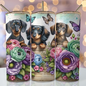 Blumen Dackel Becher Wrap, 20 Unzen Skinny Sublimationsbecher Design, Dackel Hund Sublimationsdesign, Dackel Hund Becher Png Downloads