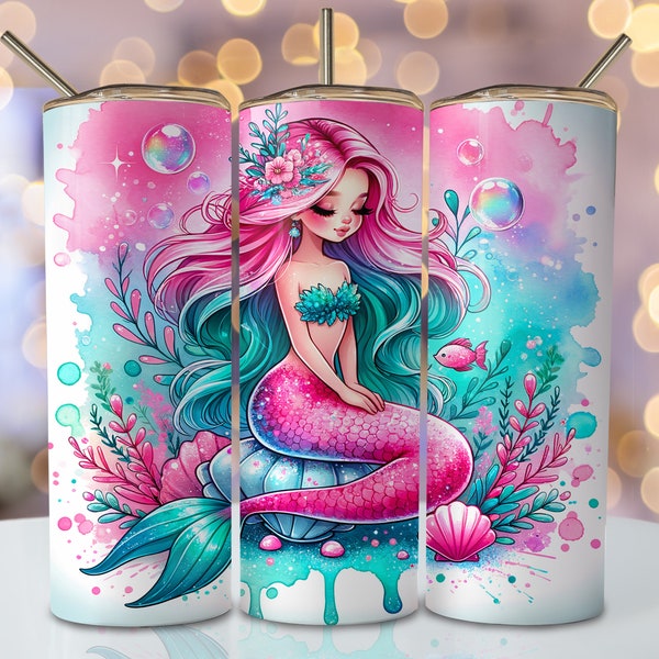 Pink Mermaid Tumbler Wrap, 20oz Skinny Sublimation Tumbler Design, Mermaid Sublimation Design, Watercolor Underwater Tumbler PNG Downloads