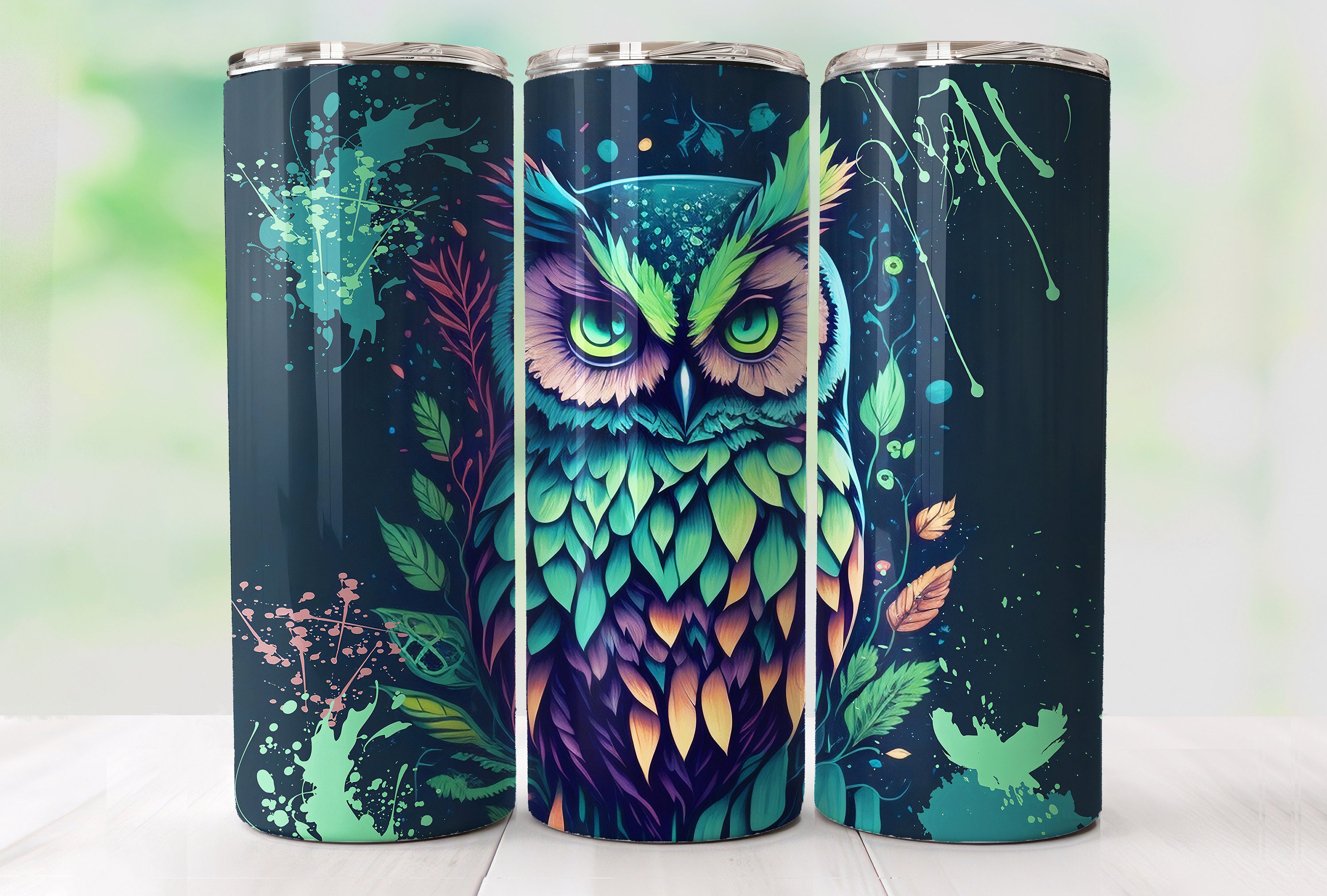 Owl Tumbler Png Design Skinny Tumbler Sublimation PNG Seamless Tumbler Wrap Green Owl Design For 20 