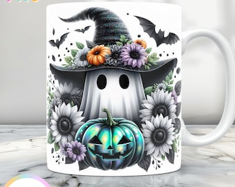 Envoltura de taza con fantasma de Halloween, regalo de taza de Halloween PNG, envoltura de taza de 11 oz y envoltura de taza de 15 oz, diseño de taza de café de Halloween, diseños de prensa de taza espeluznantes