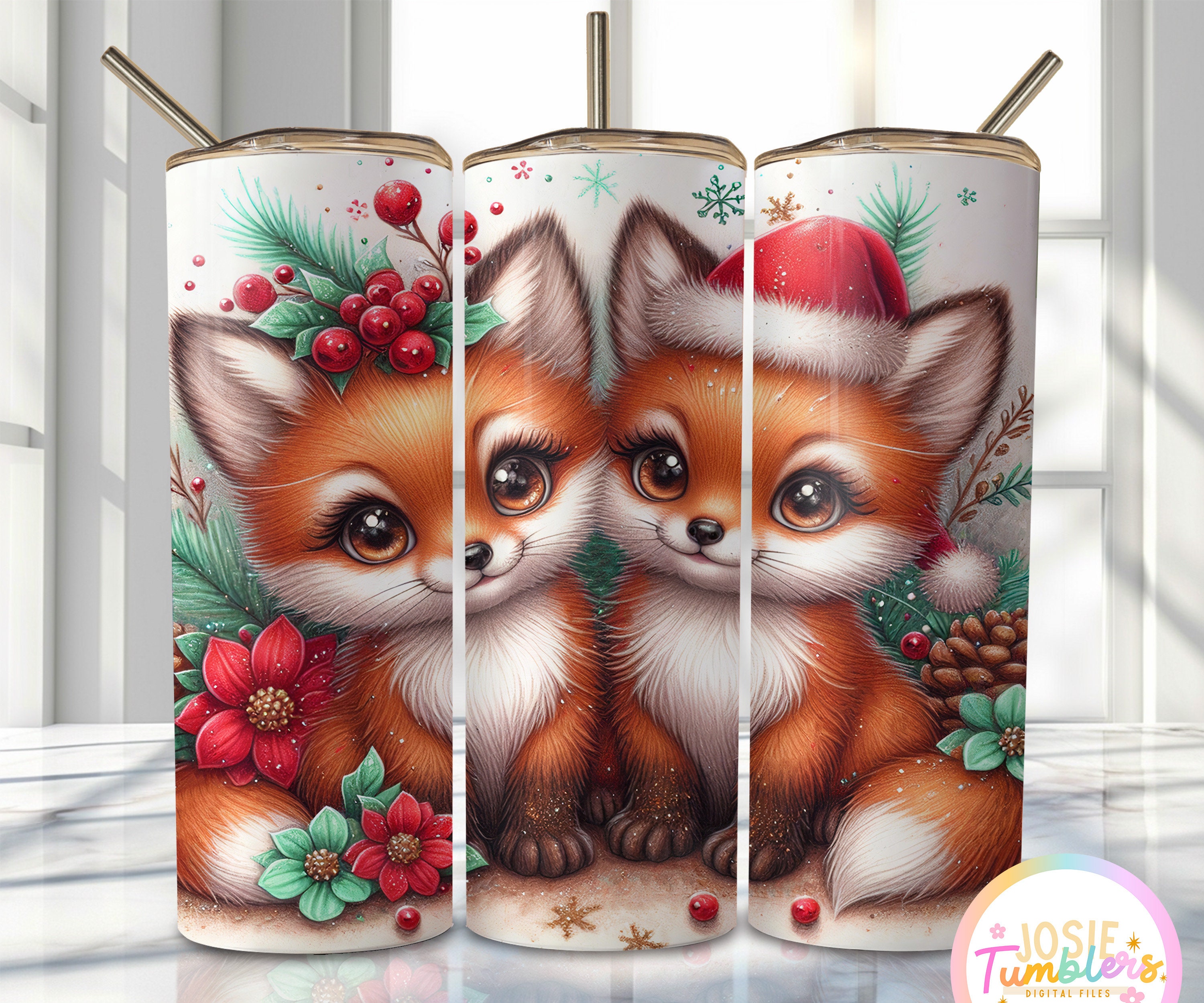 Christmas Fox Tumbler Wrap, 20oz Skinny Sublimation Tumbler