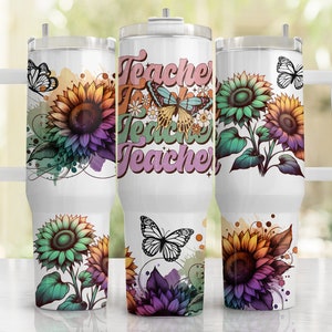40oz Teacher Tumbler Wrap, 40oz Sublimation Design Download, Floral Teacher 40oz Tumbler Png, 40 Oz Quencher Tumbler Sublimation Design