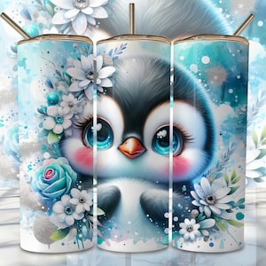 Cute Penguin Tumbler Wrap, 20oz Skinny Sublimation Tumbler Design, Penguin Sublimation Design Png, Floral Bird Tumbler Png Downloads