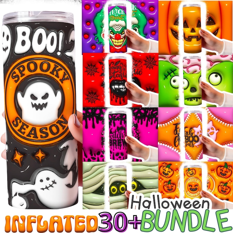 May include: A set of 30+ Halloween-themed sublimation designs for tumblers. The designs feature various spooky and cute characters, including ghosts, pumpkins, and a witch's cauldron. The designs are in a variety of colors, including black, orange, purple, and green.