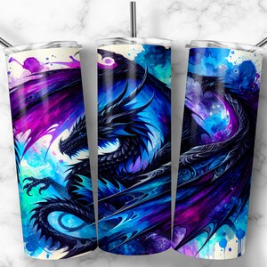May include: Three stainless steel tumblers with a black dragon design on a watercolor background. The dragon is surrounded by blue, purple, and pink watercolor splatters.